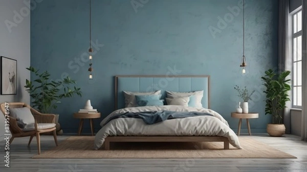 Fototapeta Modern Blue Living Room Interior Design. Interior of light living room with Blue sofa, coffee table
