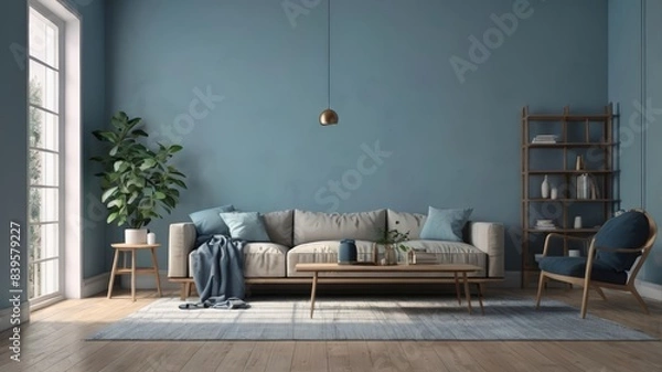 Fototapeta Modern Blue Living Room Interior Design. Interior of light living room with Blue sofa, coffee table