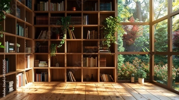 Fototapeta Wooden bookshelf and bookcase concept, brown wall and garden view style. 