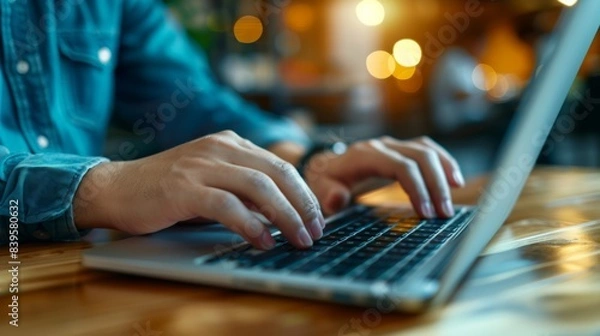 Obraz Close-up of young adult hands typing on laptop keyboard in a cozy evening setting