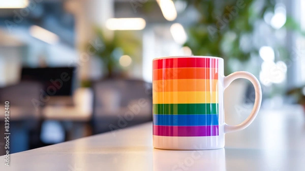 Fototapeta White Mug with Rainbow Stripe Flag Print on Desk, Modern Open Office. Equality, Diversity, Human Rights. LGBTQ+ Pride Symbol. Meeting Room, Kitchen Table. Professional, Corporate, Colorful Minimal