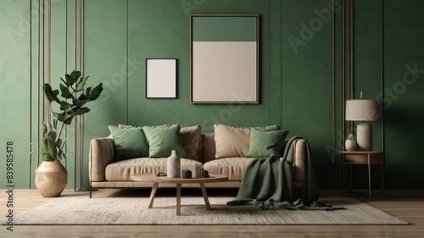 Fototapeta Modern Green Scandinavian home interior design characterized by an elegant living room featuring a comfortable sofa, mid century furniture, cozy carpet, wooden floor, white walls, and home plants