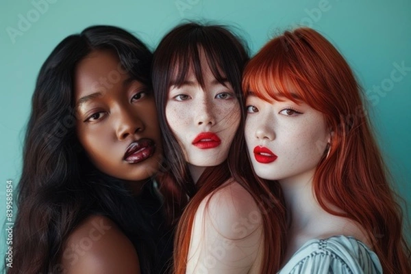 Fototapeta Stunning portrait of models with red lip makeup