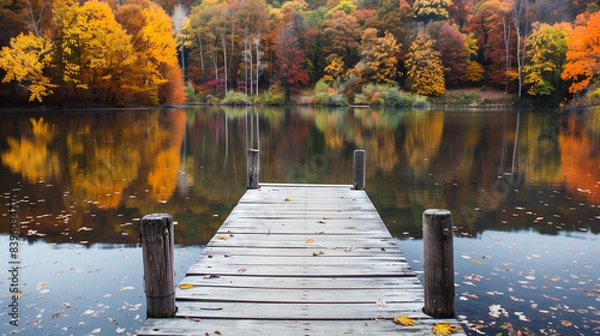 Fototapeta A tranquil lake mirrors the vibrant fall foliage of surrounding trees, with a wooden dock stretching into the serene autumn air.