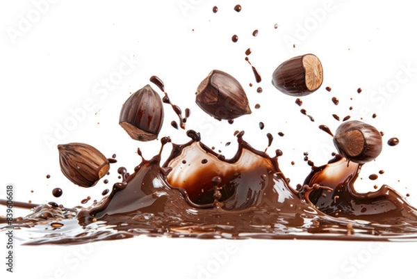 Fototapeta hazelnuts splashing into liquid chocolate isolated on white or transparent png