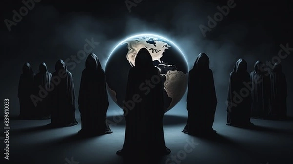 Fototapeta Generative Ai of Cloaked Figures Encircling a Lit-up Globe Concept for Mysterious Global Influence, Elite Power Circles, and Occult Rituals