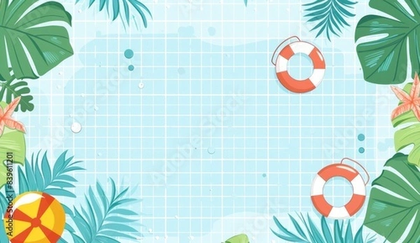 Fototapeta A flat design background with a swimming pool and summer elements, using a light blue color palette
