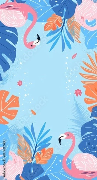 Fototapeta A flat design background with blue, pink and orange tones, featuring cartoon style illustrations of flamingos and tropical leaves