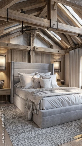 Fototapeta a large bedroom in an attic with a sloping roof and skylights. The interior design style is Scandinavian with white walls and a wooden floor.