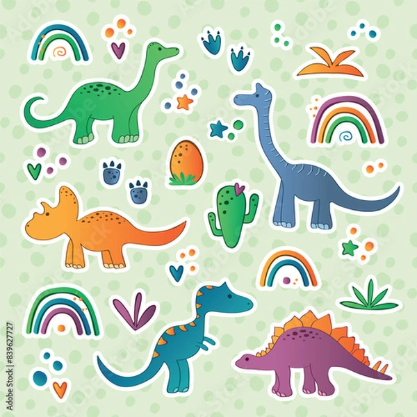 Fototapeta Set of  cartoon stickers with lovely dinosaurs characters. Dino colorfull print for kids decor. Vector illustration set.