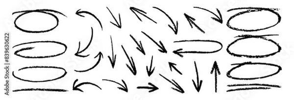 Fototapeta Black charcoal ovals and arrows strokes different forms.Set of design elements on white background.Rough charcoal arrows and circles. Brush elements for notes and underlining in text.