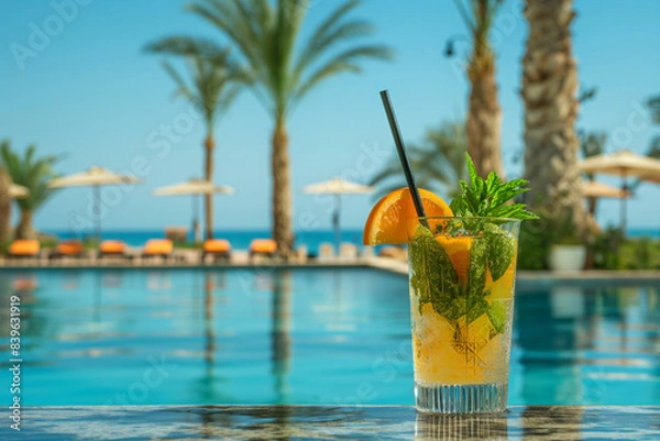 Fototapeta Juicy summer coctail on the shore of the pool, palm trees, umbrellas, summer offer, stock photo, deep feld