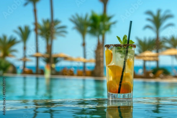 Fototapeta Juicy summer watermelon and coctail on the shore of the pool, palm trees , summer offer, stock photo