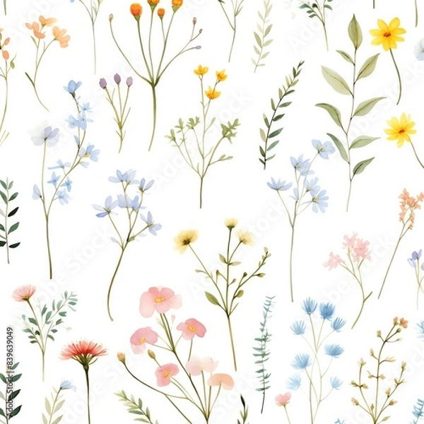 Fototapeta Seamless pattern with delicate watercolor wildflowers. Spring floral background for fabric, wallpaper, and wrapping paper designs.