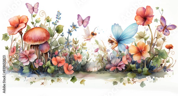 Fototapeta An illustration set depicting a flower frame surrounded by fairies in watercolor

