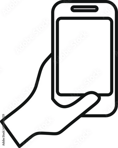 Fototapeta Hand is shown holding a smartphone, in a simple and iconic outline style