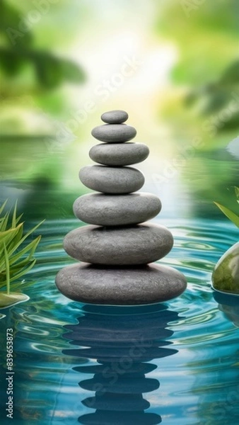 Fototapeta Zen-style stones stacked on top of each other against a backdrop of lush vegetation and calm water. Crystal clear water reflects the surrounding greenery and sky, creating a mirrored surface.
