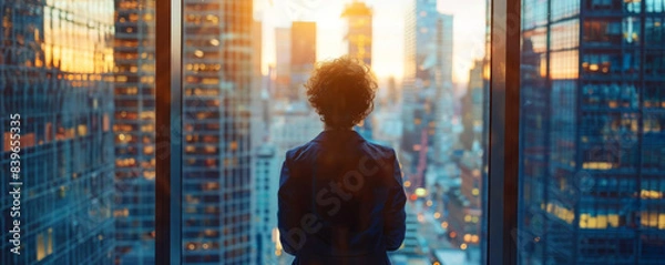 Fototapeta Person looking out the window of a high-rise office building, visualizing future possibilities