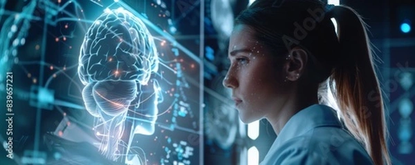 Fototapeta European women doctor is analyzing patient brain with digital modern technology, banner. Generative Ai.