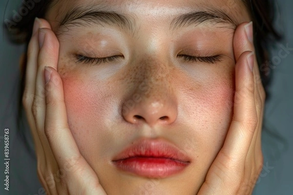 Fototapeta A close-up shot of a person with their eyes shut, conveying a sense of relaxation or contemplation