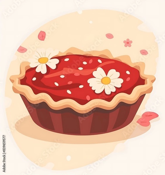 Fototapeta A flat vector illustration of a red pie with flowers on top, on a white background, in a simple minimalistic style, using warm colors, that is cute and dreamy, with a high resolution