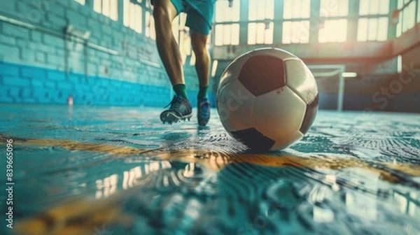 Fototapeta A soccer ball sits on top of a wet and smooth floor, perfect for use in sports or fitness-related concepts