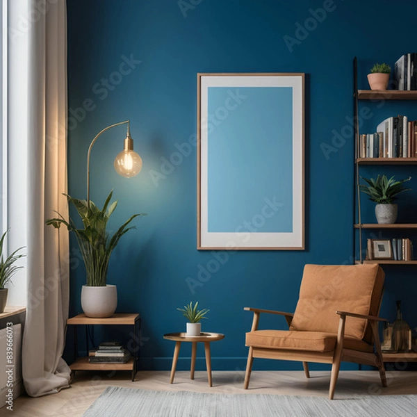 Obraz Cozy contemporary living room with a comfortable armchair and bookshelf, adorned by a large blue wall and frame. Mockup. Copy space. Modern living concept. Interior design.