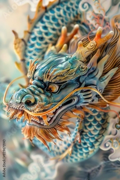 Fototapeta A detailed view of a mythical dragon's head and neck, perfect for fantasy or mythical themed designs