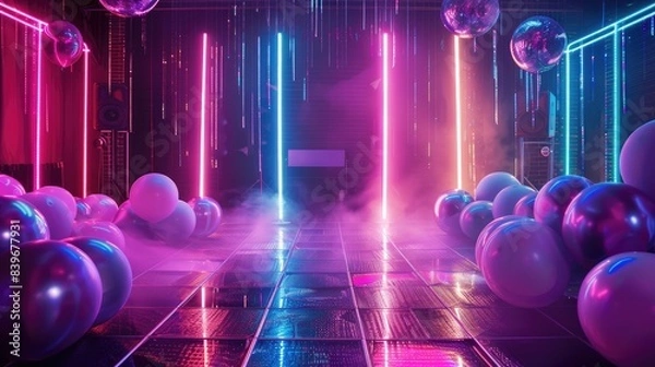 Obraz Blue and pink helium balloons on stage with neon lights, night club, party, gender party
