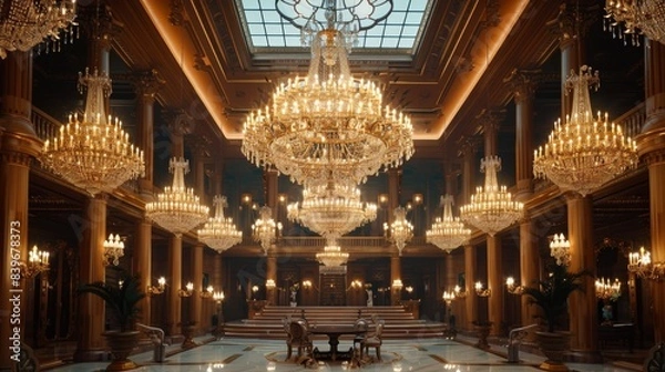 Fototapeta opulent chandeliers adorn the grand entrance hall with a lush maximalist design a luxurious sight to behold