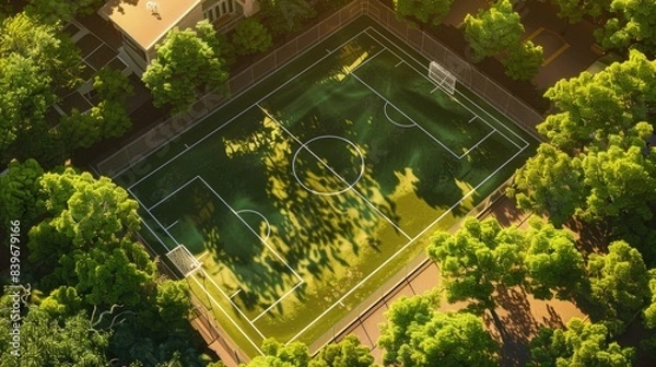 Fototapeta Aerial view of a soccer field surrounded by trees