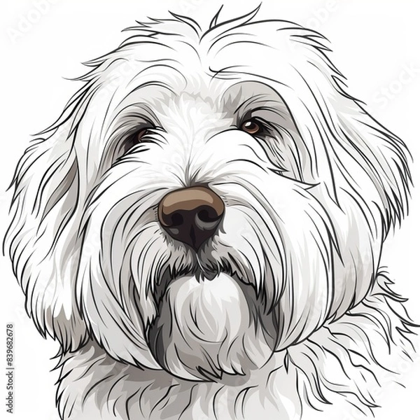Obraz Close up cartoon sketch of old english sheepdog bobtail dog icon on white background