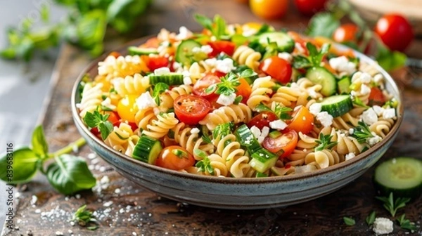Fototapeta summer pasta salad, enjoy a colorful pasta salad with rotini, cherry tomatoes, cucumbers, and feta cheese in a large bowl for a refreshing summer meal