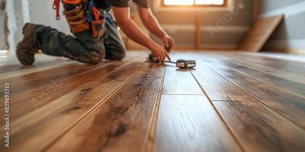 Fototapeta Close up of man construction worker with pencil in hand drawing mark on laminate wooden plank. Male worker preparing laminate boards for floor installation in apartment under renovation.