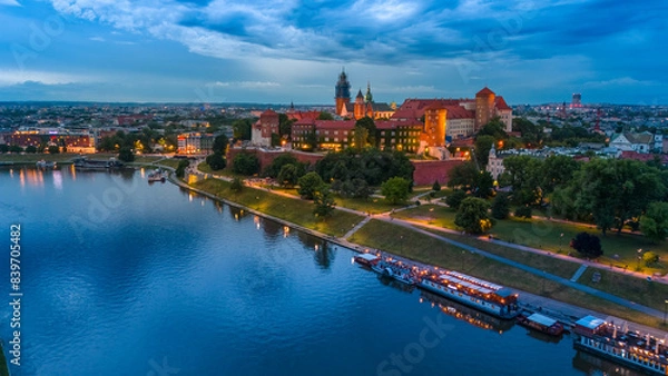 Obraz aerial view of krakow center and wawel royal castle at sunset in summer in poland