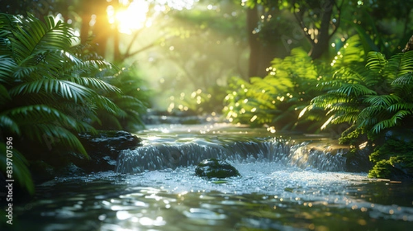 Fototapeta A serene nature forest glade scene with a stream gently flowing through, surrounded by lush vegetation