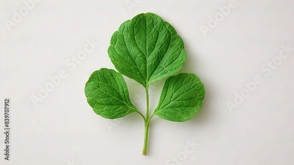 Fototapeta   A green leaf on a white background with water droplets on the foliage and a single droplet of water at its tip