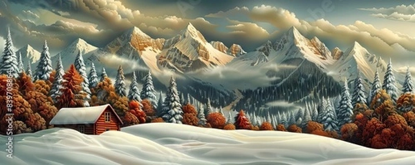 Obraz Illustrate a snug cabin nestled amidst snowy peaks, using watercolor to evoke a sense of peace and serenity in the wintery landscape