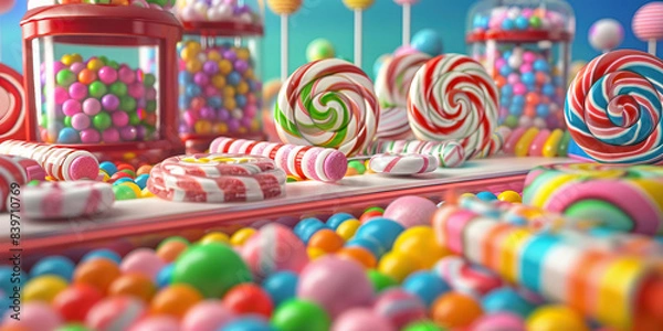 Fototapeta Candy Land Creative Haven: A desk covered in a colorful array of candy and sweet treats, surrounded by lollipops and gumball machines.