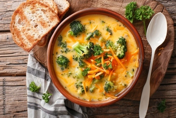 Fototapeta Close up top view of cheesy broccoli soup with veggies in a bowl with toast on table