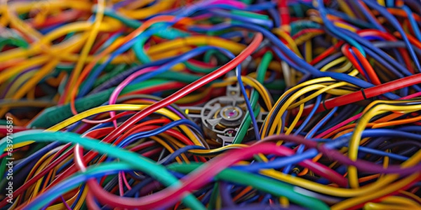 Fototapeta The Tangled Timeline: A mess of colored wires, twisted together to form an incomprehensible network, leading to a vintage timepiece