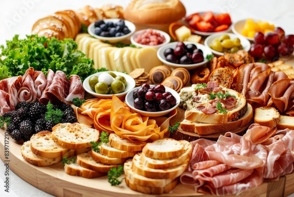 Fototapeta Charcuterie board with an assortment of meats, cheeses, fruits, and nuts, offering a gourmet and visually appealing feast
