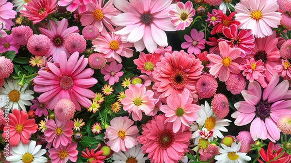 Obraz Floral background. Variety of garden flowers in bright pink colour.