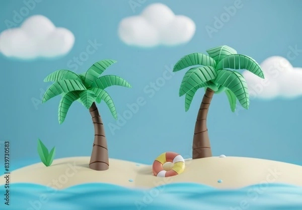 Fototapeta Two palm trees on an island, simple background, simple shapes, and clouds in the sky