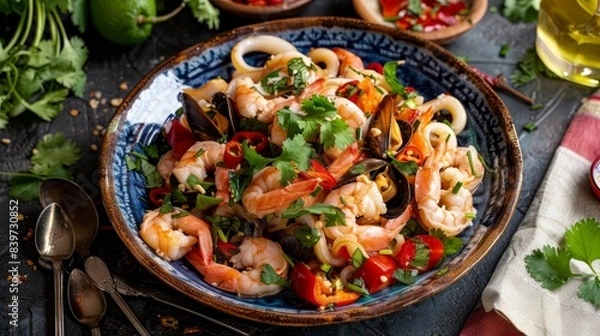 Fototapeta A colorful plate of Thai mixed seafood salad with shrimp, squid, and mussels, garnished with fresh herbs and a spicy lime dressing 