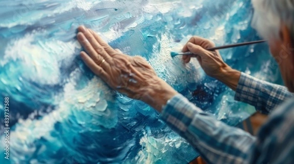 Fototapeta An elderly person carefully blending hues of blue to create a stunning ocean landscape on their canvas