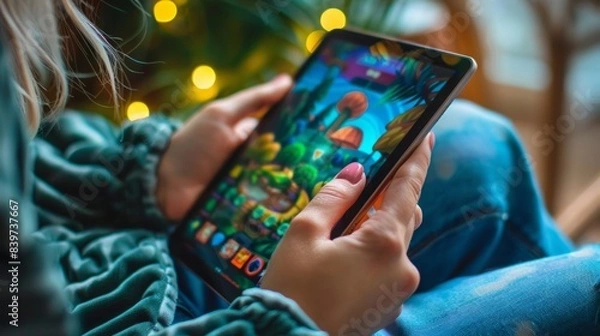 Fototapeta An image of someone playing a virtual memory game on a tablet while on the go making use of downtime to engage in mental stimulation
