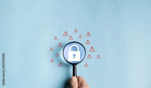 Fototapeta Network security vulnerability concept, data breach, illegal connection and information danger. System warning sign, fraudulent virus attack, firewall, error notification.