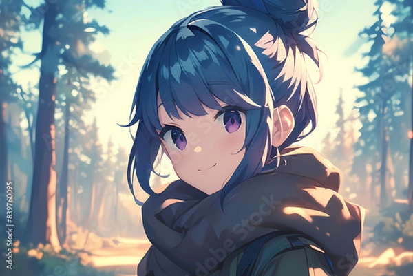 Fototapeta Une illustration manga montre une fille avec une queue de cheval et de longs cheveux bleus flottants, portant un manteau vert, se tenant dans une forêt luxuriante baignée de lumière. Son expression se