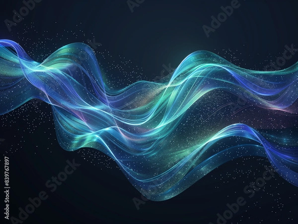 Fototapeta Vector abstract light lines wavy flowing dynamic in blue green colors isolated on black background for concept of AI technology, digital, communication, 5G, science, music
